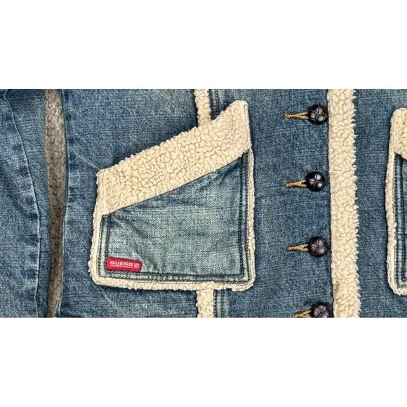 Guess Women's 1970's Vtg Sherpa Lined Full Button Denim Jacket Size Medium - Picture 5 of 14
